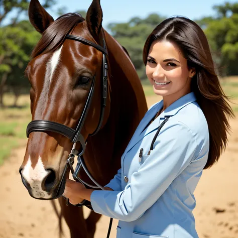 veterinary doctor woman, Caucasian with medium straight dark brown hair, muito feliz ao lado de cavalos em uma fazenda 