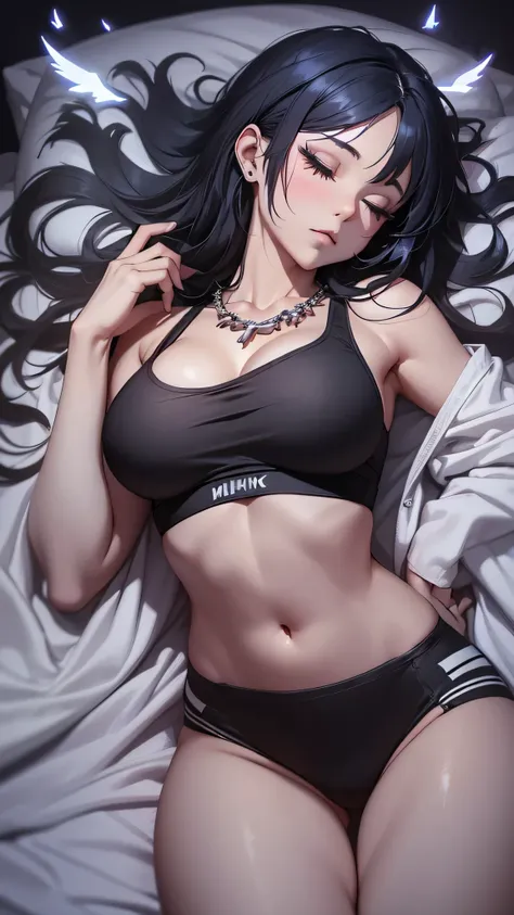 最high quality、best image quality、masterpiece、teenage girl((18-year-old、 By becoming、vest bust、medium bust,wide open breast tea、black eye, black hair、long hair、thin,highest valley、cute makeup、black sports bra、White sports pants、White Necklace、Blackface Pain...