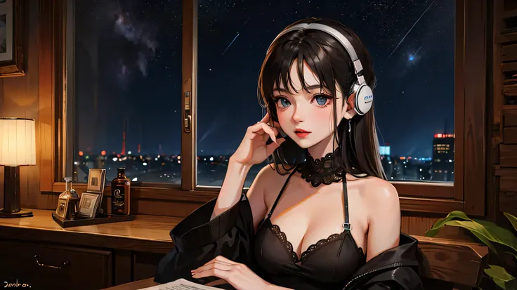 lofi style, sitting alone, concentrating study, listening music with earphone, raining on window, night, table lamb, feelong alone, missing someone, realistic, 4k, 8k, wearing dark dress, little sexy