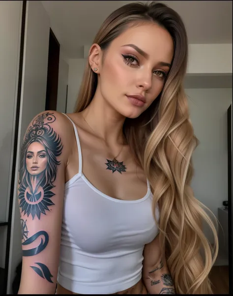 um close up de uma mulher com cabelos longos e desarrumados, messy hair and a tattoo on his arm, morena com cabelos tingidos de loiro, com tatuagens, tatuado, tattoo sleeve on her right arm, Anna Nikonova aka Newmilky, tatuado, Angelina Stroganova, Marisch...