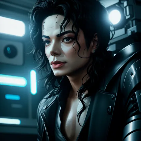 closer Michael Jackson with sweaty oily face, with cybernetic robotic body with technological details, in a mechanical robotics laboratory, realistic cinematic style, midjourney, Sony A7rIll.