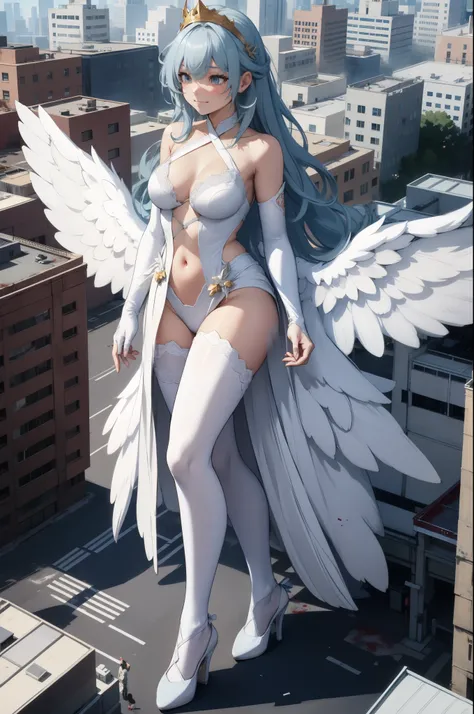 Aerial View，giant girl 50,000 feet high，Weighs 1000kg，Have a pair of long legs，Has a pair of huge angel wings，Wearing a white crown，Has white waist-length hair，loose hair，Wearing a pair of white Mary Jane high heels，white wavy hair，White lace gloves，White ...