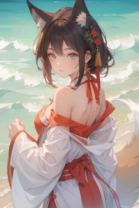 (masterpiece), (best quality), 1girl, girl with fox ears, swimsuit, Hanfu, nine-tail fox, off shoulder