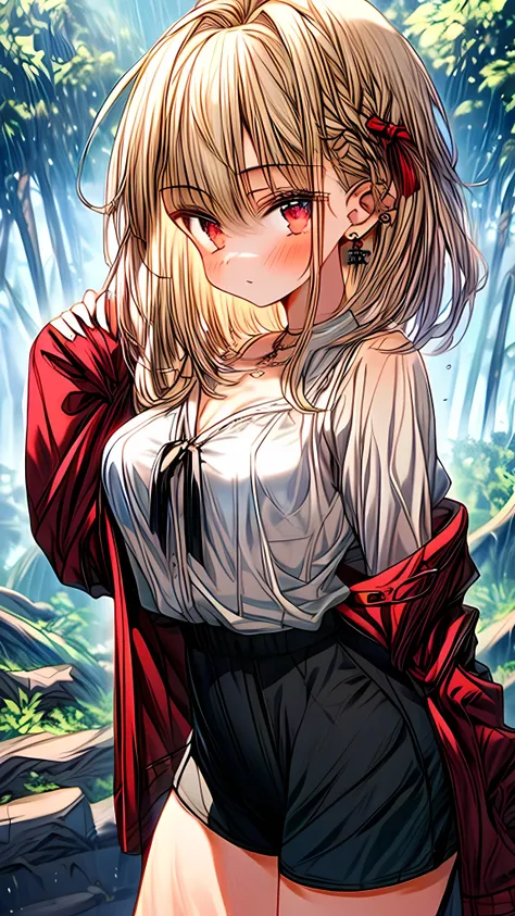 A beautiful and smoldering alluring small breasted anime manga teen explorer adventurer girl，With wild braided blonde hair and earrings，Wearing a tight-fitting explorer adventurer costume，Unbutton your shirt and shorts，Standing in the pouring rain，Overgrow...