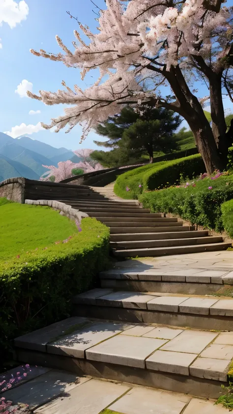 sunny，Baiyun，peach blossom，fallen flowers，snow mountain，Stone，steps，Beautiful scenery