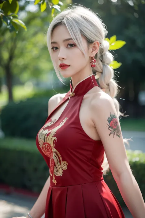 vibrant colors, female, masterpiece, sharp focus, best quality, depth of field, cinematic lighting, white hair, red eyes, braid, dress, long hair, red eyes, tattoo, earrings, jewelry, black dress, hair ornament, bangs, chinese clothes, breasts, china dress...