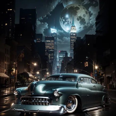 A 1949 Mercury car with its headlights on and on in the foreground in the background of a city of Chicago with lights on and a giant moon in the sky