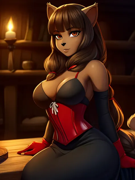 ((ultra quality)), ((masterpiece)), Miranda - Wakfu, Wakfu style, cat girl, furry cat, ((brown-haired woman with medium long hair)), (Beautiful face), (beautiful female lips), (have cat ears), (black cat nose), (), charming, ((sexy facial expression)), loo...