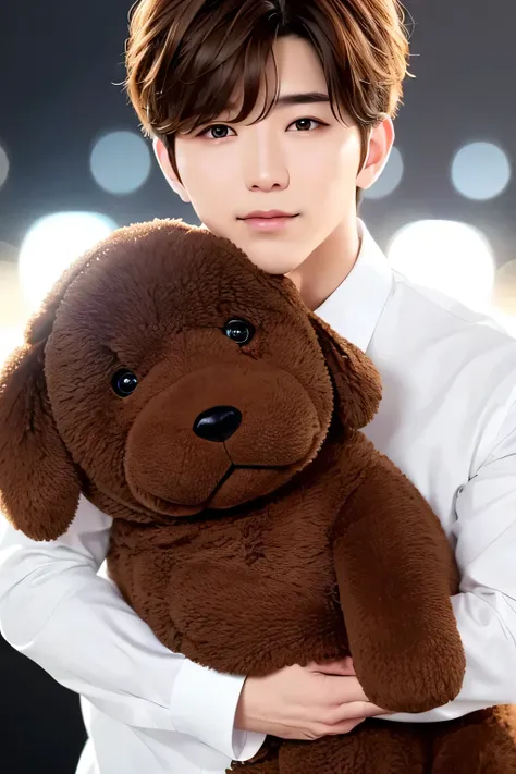 1 person、high quality，masterpiece，8K, head shot,　((big dog stuffed animal))、(background bokeh)、((White shirt only))、brown hair covers one eye、