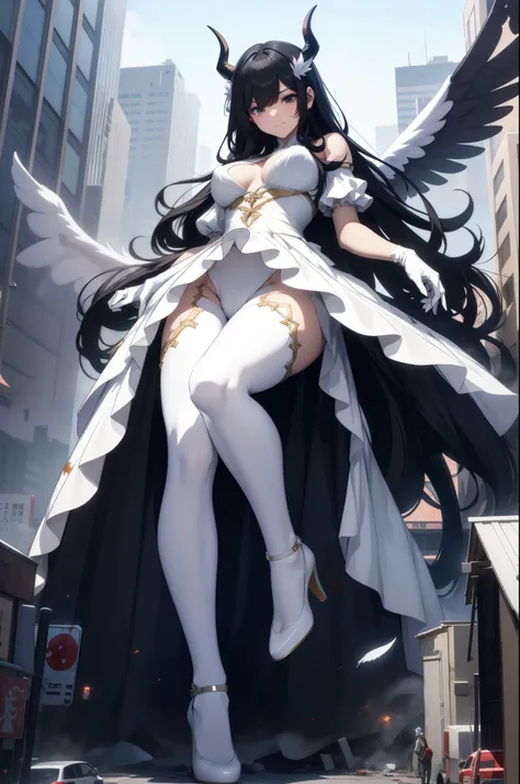 Aerial View，giant girl 50,000 feet high，Weighs 1000kg，Have a pair of long legs，Has a pair of huge angel wings，With huge devil horns on his head，Has waist-length black hair，loose hair，Big wavy black curls，White lace gloves，White lace pantyhose，Wearing a pai...