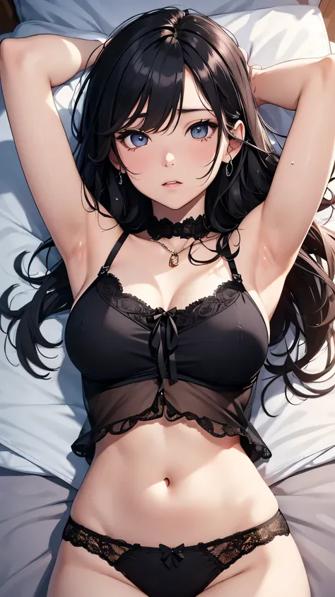 最high quality、best image quality、masterpiece、teenage girl((18-year-old、 By becoming、vest bust、medium bust,wide open breast tea、black eye, black hair、long hair、thin,highest valley、black underwear、tired face、Sweat、get up,raise your arms、yawn)),high quality、b...