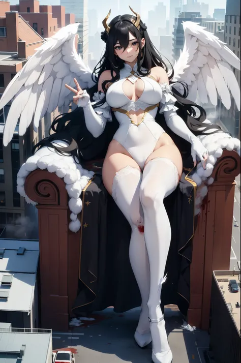 Aerial View，giant girl 50,000 feet high，Weight 1000kg，Have a pair of long legs，Has a pair of huge angel wings，With huge devil horns on his head，Has waist-length black hair，loose hair，Big black wavy curls，Wearing a pair of white Mary Jane high heels，White l...