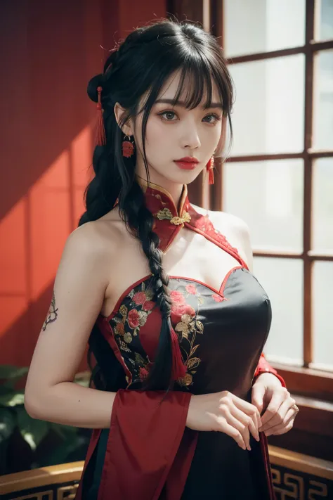 vibrant colors, female, masterpiece, sharp focus, best quality, depth of field, cinematic lighting, white hair, red eyes, braid, dress, long hair, red eyes, tattoo, earrings, jewelry, black dress, hair ornament, bangs, chinese clothes, breasts, china dress...