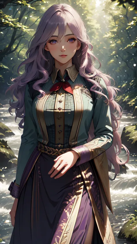 (super detailed, high resolution, actual:1.37), purple long hair girl, permanent, riverside forest, delicate eyes, detailed lips...