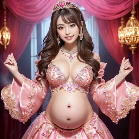 (((highest quality, masterpiece、ultra high resolution、the most complex and detailed depiction、Awards, 8K、bright and vivid)))、((1 Japanese prostitute princess、pregnancy、Ultimate luxury with everything you can imagine、the most gorgeous pink whore outfit、Red ...