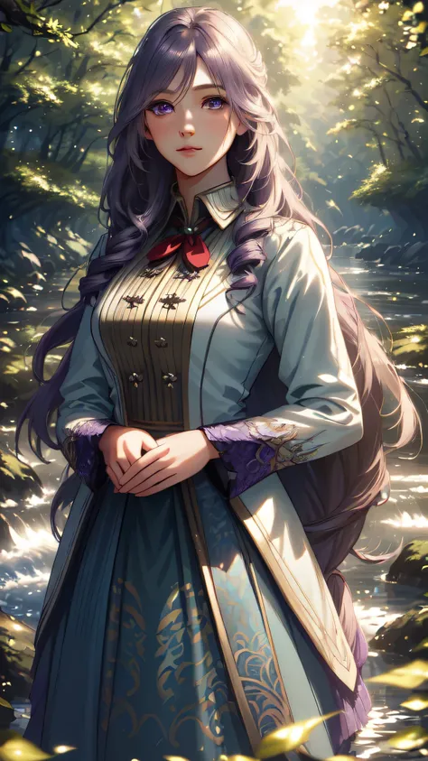 (super detailed, high resolution, actual:1.37), purple long hair girl, permanent, riverside forest, delicate eyes, detailed lips...