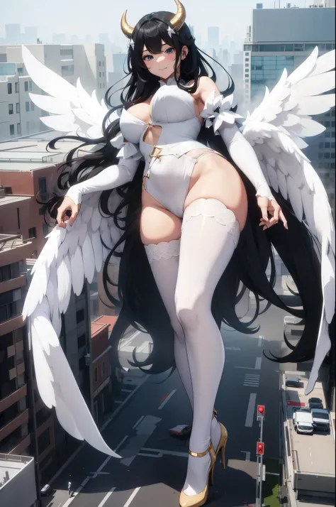 Aerial View，giant girl 50,000 feet high，Weight 1000kg，Have a pair of long legs，Has a pair of huge angel wings，With huge devil horns on his head，Has waist-length black hair，loose hair，Big black wavy curls，Wearing a pair of white Mary Jane high heels，White l...