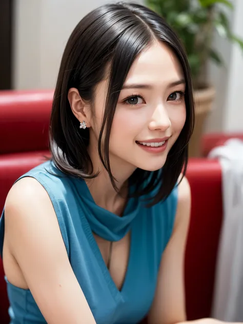 (table top, highest quality、High resolution:1.4、very attractive beauty、Adds intense highlights to the eyes、look closely at the camera:1.4、Beautiful woman full of charm、ideal body proportions、perfect anatomy、brunette short bob hair、shiny hair、bangs:1.4、光沢のあ...