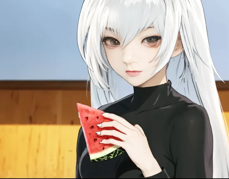 girl with long white hair holding a slice of watermelon, whitw haired, perfect white haired girl, white haired lady, girl with white hair, white haired deity, made with anime painter studio, neferpitou, tifa lockhart with white hair, ueshiba riichi, white-...