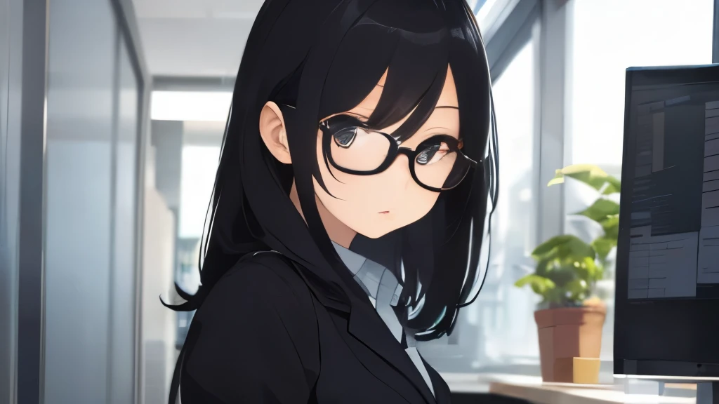 office lady、Wearing black glasses、beautiful、hair is black and long、eyes are big and clear、Serious woman、thin and slender