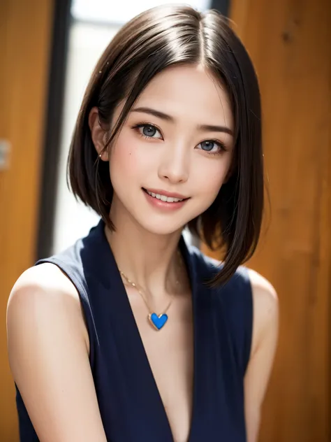 (table top, highest quality、High resolution:1.4、very attractive beauty、Adds intense highlights to the eyes、look closely at the camera:1.4、Beautiful woman full of charm、ideal body proportions、perfect anatomy、brunette short bob hair、shiny hair、bangs:1.4、光沢のあ...