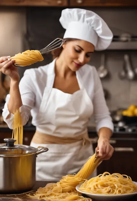 woman working in the kitchen cooks pasta