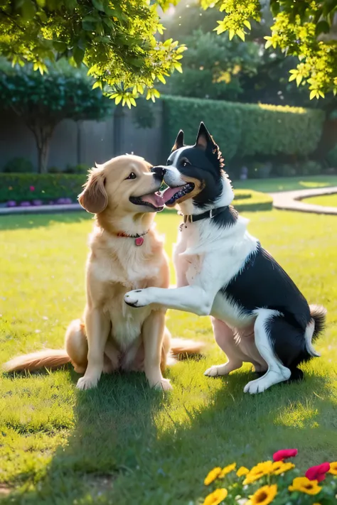 "A vivid and heartwarming scene of dogs enjoying a sunny day. Picture them frolicking in a garden filled with colorful flowers and lush greenery. sunny, Casts soft shadows and accentuates the dog&#39;s happy expression. they were caught in the game, show t...