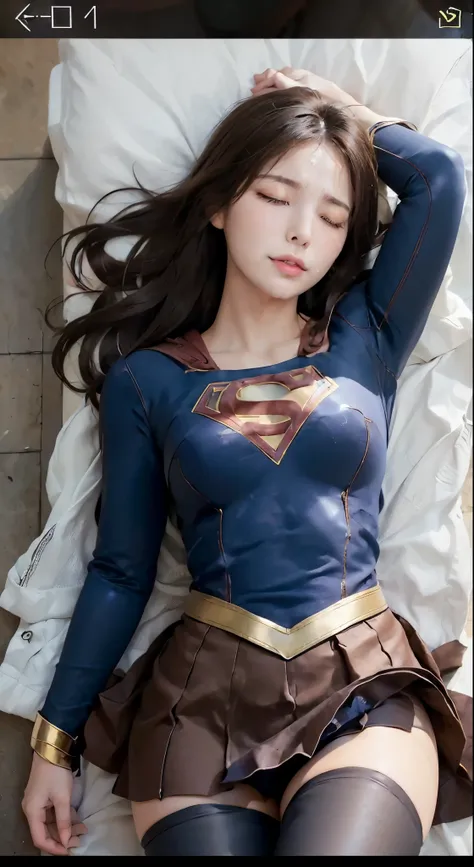 ((perfect anatomy, anatomically correct, super detailed skin))), 1 woman, ((super girl suit, Supergirl Mellissa Benoist)), from front, shiny skin, detailed hair, detailed face, detailed eyes, (long hair:1.5, brunette hair:1.7), natural bangs:1.4, hair betw...