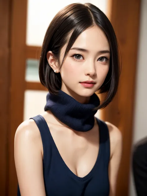 (table top, highest quality、High resolution:1.4、very attractive beauty、Adds intense highlights to the eyes、look closely at the camera:1.4、Beautiful woman full of charm、ideal body proportions、perfect anatomy、brunette short bob hair、shiny hair、bangs:2、光沢のあるb...