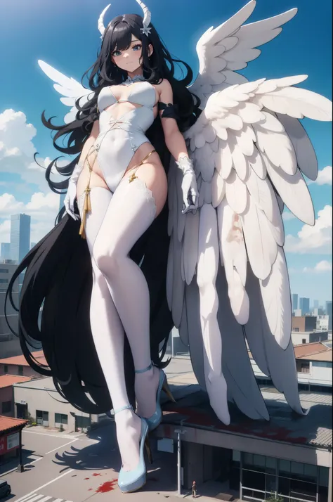 Aerial View，giant girl 50,000 feet high，Weight 1000kg，Have a pair of long legs，Has a pair of huge angel wings，With huge devil horns on his head，Has waist-length black hair，loose hair，Big black wavy curls，Wearing a pair of white Mary Jane high heels，White l...