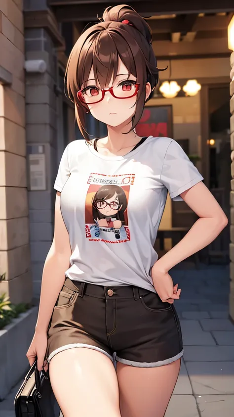 Girl, brown hair, ponytail short hair, red eyes, glasses, cute girl, light city, t-shirt, hotpants