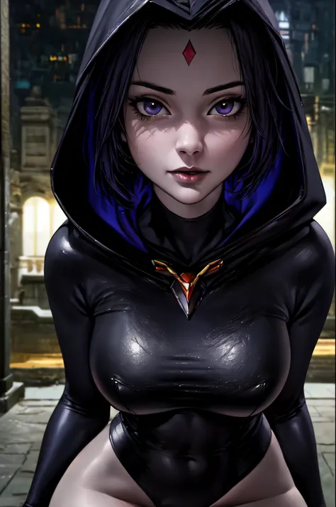 masterpiece, best quality, raven \(dc\), 1girl, superhero, black leotard, black hooded cloak, black leather pants, masterpiece, ...