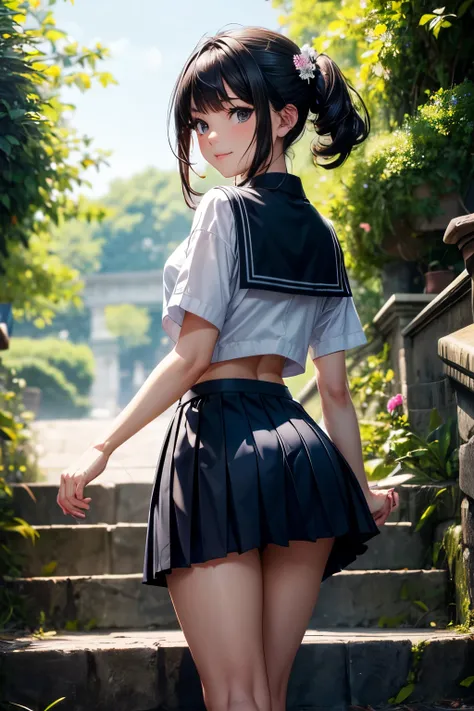 very cute and beautiful girl,(highly detailed beautiful face and eyes:1.2), (smile),serafuku,(navy blue pleated mini skirt:1.12), (looking back,from behind),leaning forward,from below,white panties, flower garden,stone stairs,shrubbery,detailed landscape, ...