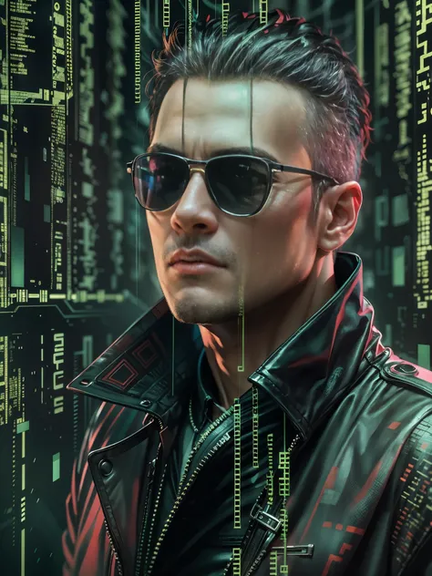 ((close-up)), (masterpiece), generate a half-body portrait of a man, vivid eyes, wearing sunglasses, dressed in a leather trench...