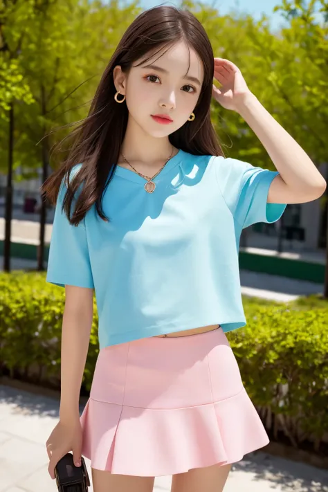 1 girl、bright spring clothes、mini skirt、(muste piece: 1.1),  (best quality: 1.1)、(highly detailed skin), (best quality:1.0), (ultra high resolution:1.0) ,(realistic photo:1.0), (Super detailed:1.0), (8K, Raw photo:1.1),