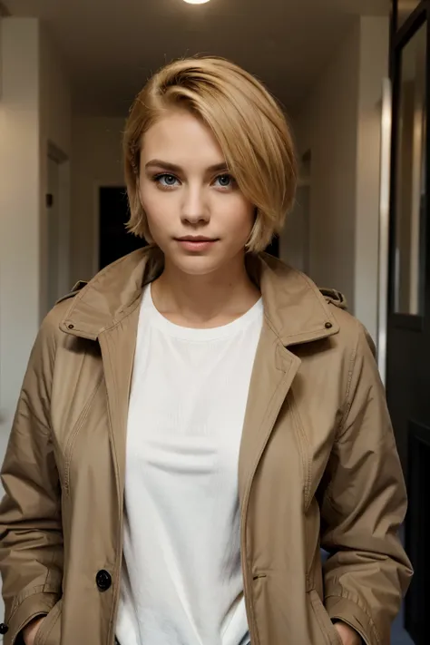 self confident young woman with short blond hair with coat very proud
