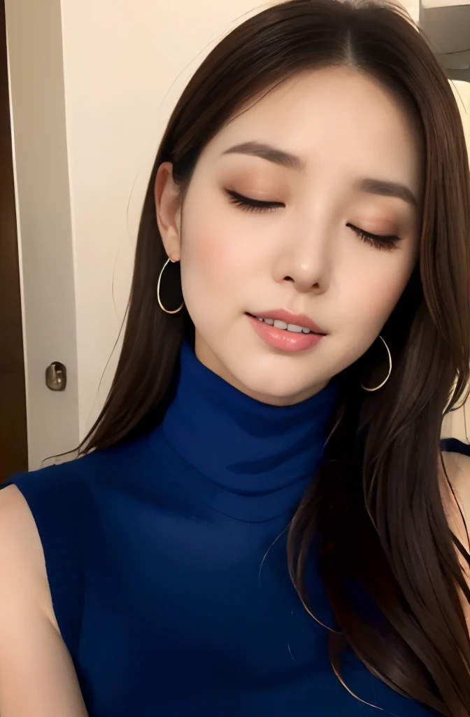 (((Violet Sleeveless Turtleneck Knitted Dress:1.2)))、(innocent and elegant girl)、(cowboy shot:1.2)、(focus on face and chest)、big breasts、(Luxury hotels:1.2)、From above、(straight hairstyle、brown hair、medium long hair)、Highly detailed face and skin texture、d...