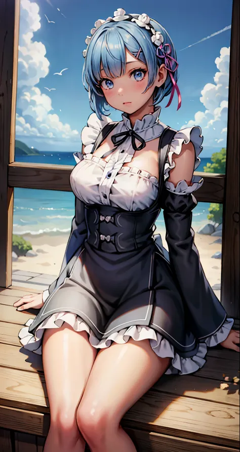 (masterpiece),(intricate details),1 girl,adult,huge breasts
BREAK
rezerorem, rem, blue eyes, blue hair, hair accessories, hair covering one eye, hair ribbon, short hair, x hair accessories, Break the apron, black ribbon, black skirt, black sleeve, split co...