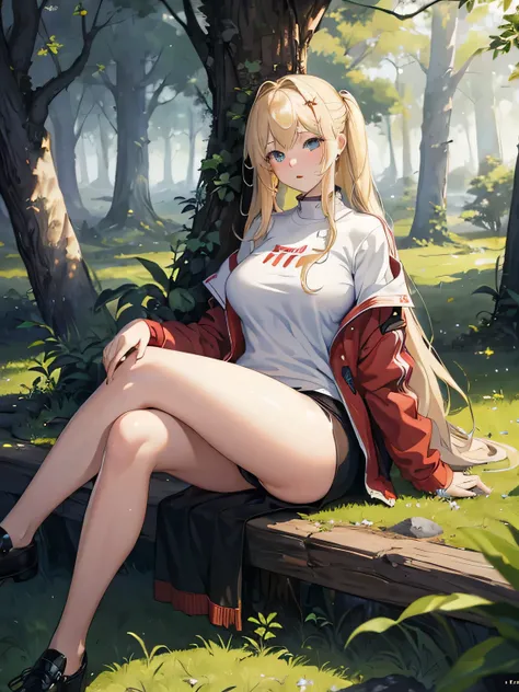 (masterpiece, quality, best quality, official art, Beautiful and beautiful:1.2)（The background is forest grass：1.2）,（thicket）（Wild forest）（A beautiful blonde girl，gray pupil，take a big meat，Curvy，White skin，Noble temperament，Tsundere expression，sportswear，...