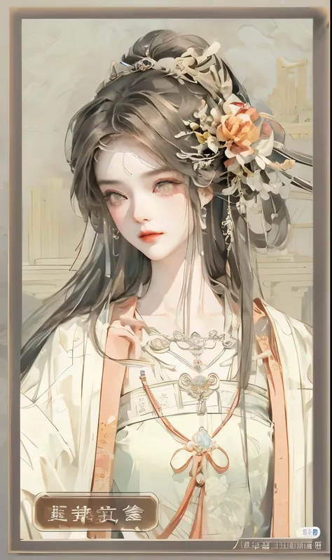 close-up of woman with a flower in her hair, ((beautiful fantasy queen)), beautiful fantasy queen, palace ， a girl wearing hanfu...