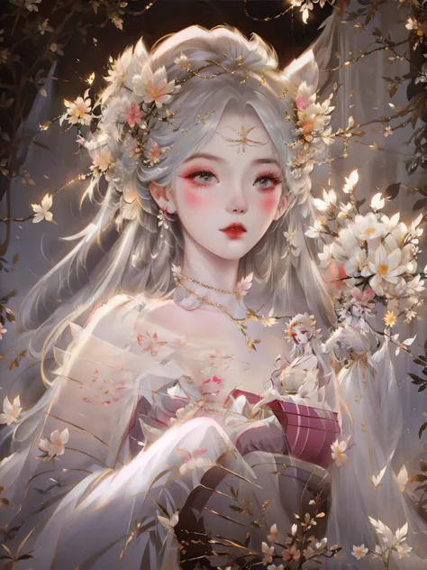 anime girl with flowers and fan in her hair, beautiful fantasy queen, ((beautiful fantasy queen)), inspired by lan ying, japanes...