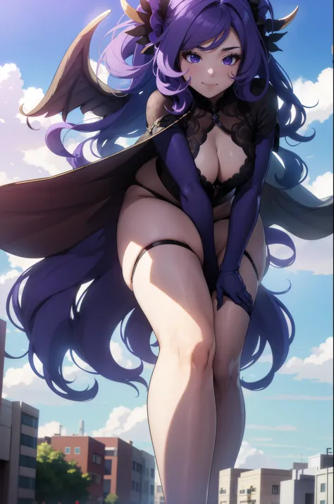 Aerial View，giant girl 50,000 feet high，Weight 1000kg，Have a pair of long legs，Has a pair of huge purple angel wings，With huge devil horns on his head，Has waist-length purple hair，loose hair，Purple big wavy curls，Wearing a pair of purple Mary Jane high hee...