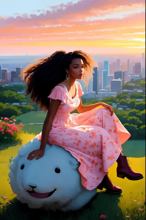 An illustration of african american woman with natural hair, in the style of ross tran, a pink dress with a cute cloud print and cute pink boots, a gorgeous woman with extremely long hair in a ponytail with bangs, sitting on a soft pink cloud in the sky,  ...