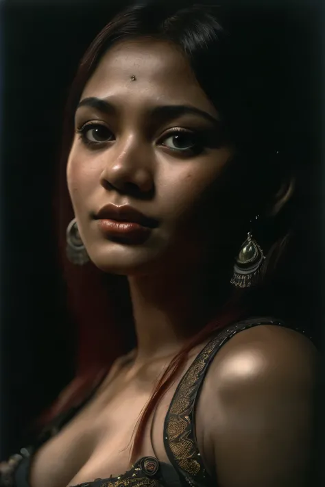 space, Bellydancer, sexy, cleavage, (close-up, editorial photograph of a 21 year old javanese woman), (highly detailed face:1.4) (smile:0.7) (background inside dark, moody, private study:1.3) POV, by lee jeffries, nikon d850, film stock photograph ,4 kodak...