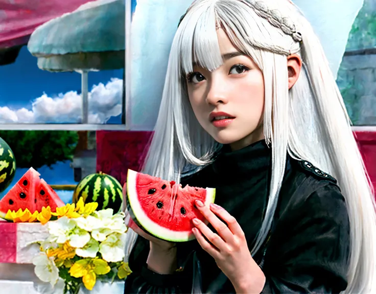 girl with long white hair holding a slice of watermelon, whitw haired, perfect white haired girl, white haired lady, girl with white hair, white haired deity, made with anime painter studio, neferpitou, tifa lockhart with white hair, ueshiba riichi, white-...