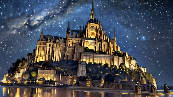 masterpiece、highest quality、((((realistic))))、((steampunk))、mont saint-michel、starry night、