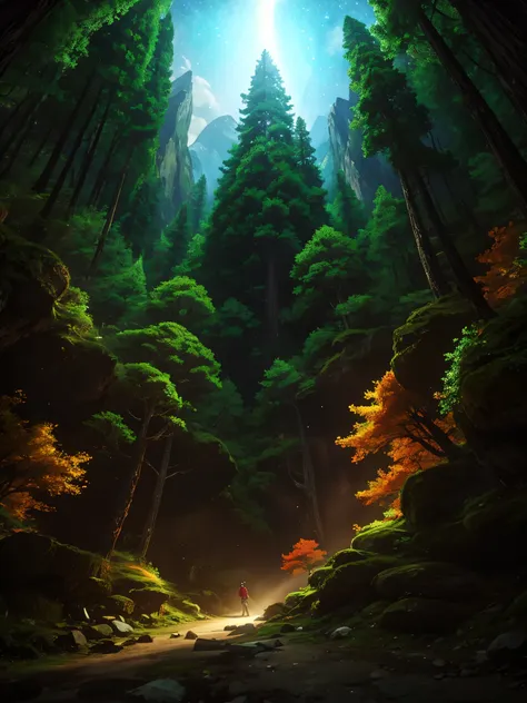 anime landscape full of stars and high quality details. ultrasharp. realistic shaders. night. forest. mountains. 8k