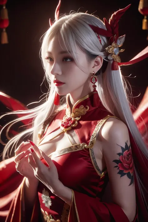 vibrant colors, female, masterpiece, sharp focus, best quality, depth of field, cinematic lighting, white hair, red eyes, braid, dress, long hair, red eyes, tattoo, earrings, jewelry, black dress, hair ornament, bangs, chinese clothes, breasts, china dress...