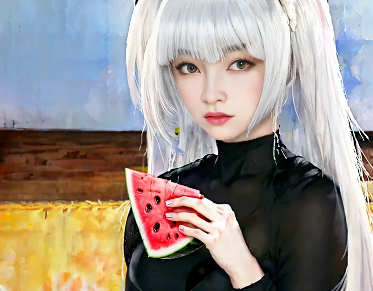 girl with long white hair holding a slice of watermelon, whitw haired, perfect white haired girl, white haired lady, girl with white hair, white haired deity, made with anime painter studio, neferpitou, tifa lockhart with white hair, ueshiba riichi, white-...