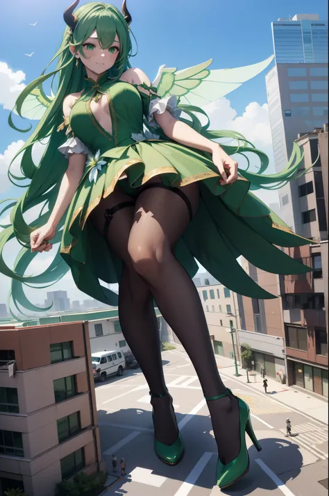 Aerial View，giant girl 50,000 feet high，Weight 1000kg，Have a pair of long legs，Has a pair of huge green angel wings，With huge devil horns on his head，Has waist-length green hair，loose hair，green wavy hair，Wearing a pair of green Mary Jane high heels，Green ...